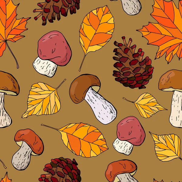 Outono Padrão Sem Costura Com Cogumelos Cones Folhas Design Para — Vetor de Stock