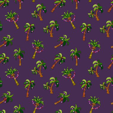 Yeni yıl avuçlarında pürüzsüz desen. Egzotik yeni yıl. Bayraklarla, çelenklerle, yıldızlarla ve yaylarla süslenmiş palmiye ağaçları.