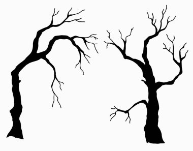 Ağaçların silueti. Cadılar Bayramı için çizim. Beyaz arka plan, izolasyon. Stok illüstrasyonu.