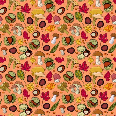 Sonbahar illüstrasyonu. Renkli yapraklar, mantarlar, kestaneler, deniz dikenli üzümler. Tasarımınız için sonsuz dokular.