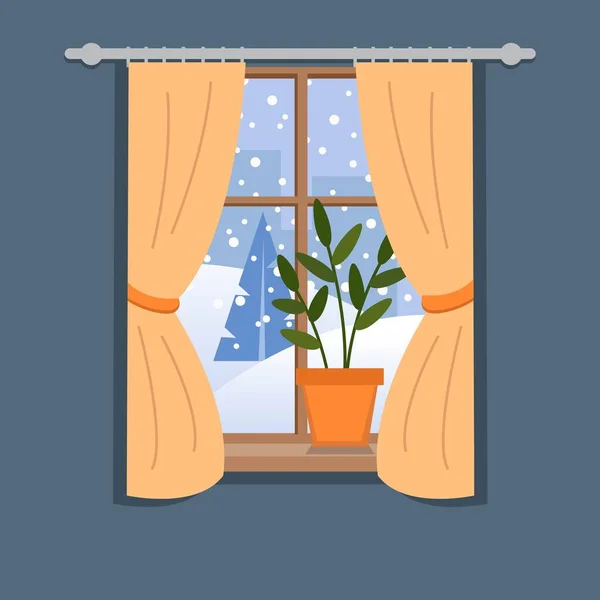 Winterraam Met Uitzicht Woonplant Vensterbank Leuke Gezellige Vector Illustratie Platte — Stockvector