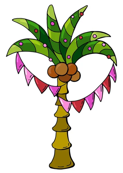 Exotisch Nieuwjaar Palmboom Versierd Met Vlaggen Ballen Cartoon Stijl Witte — Stockvector