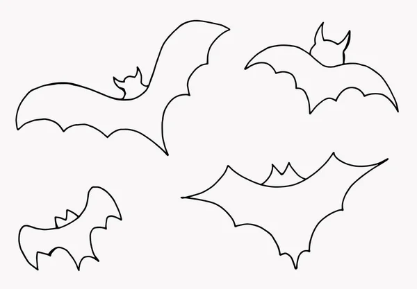 Set Bats Illustrations Holiday Halloween Line Art Stock Illustration White — Stock Vector