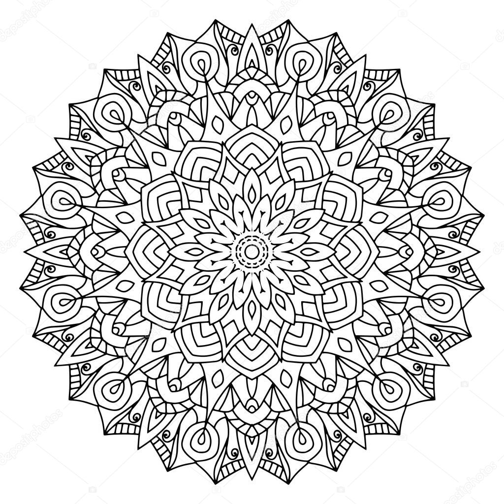 Circular pattern in form of mandala for Henna, Mehndi, tattoo, decoration. Beautiful relaxation black and white ornament. Coloring book page.