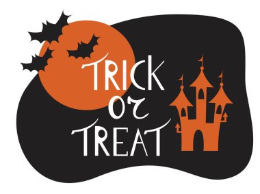 Cadılar Bayramı için kartpostal. Harf cümlesi: Şeker mi şaka mı? Gece, ay, kale, yarasalar. Stok illüstrasyonu.