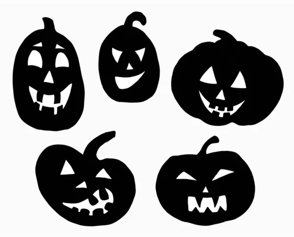 Set Calabazas Halloween Silueta Negra Sobre Fondo Blanco Varias Emociones — Archivo Imágenes Vectoriales