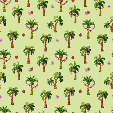 Kusursuz bir Noel deseni. Yılbaşı çelenkleriyle süslenmiş palmiye ağaçları. Yeni yılı palmiye ağaçlarıyla kutlayalım..