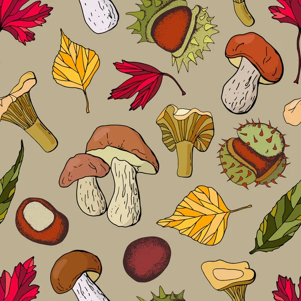 Осенний Бесшовный Рисунок Цветные Листья Каштаны Грибы Дизайн Обоев Упаковки — стоковый вектор