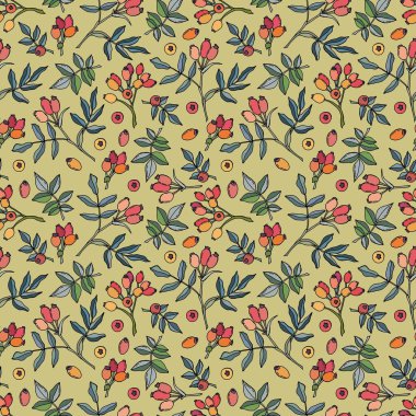 Rosehip böğürtleninin dikişsiz şekli. Doodle tarzı. Stok çizimi. Duvar kağıdı, ambalaj, kumaş, tekstil, ambalaj kağıdı için tasarım.