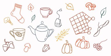 Sıcak sonbahar seti. Sonbaharın şirin resimleri. Çizgi çalışması. Doodle tarzı. Beyaz arka plan, izolasyon. 