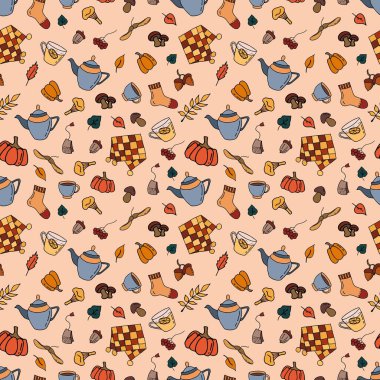 Sıcak sonbahar şablonu. Ekose, çorap, bardak, çaydanlık, mantar, viburnum, yapraklar, meşe palamudu, balkabağı. Doodle tarzı. Tasarımlarınız için sonsuz dokular.
