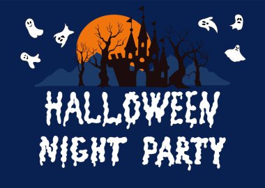 Kartpostal - Cadılar Bayramı için bir davetiye. Mektup - Cadılar Bayramı partisi. Kale, ağaçlar, hayaletler.