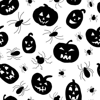 Cadılar Bayramı. Kabak ve örümceklerle kusursuz desen. Beyaz arka plan, tecrit. Kumaş, duvar kağıdı, ambalaj için tasarım.