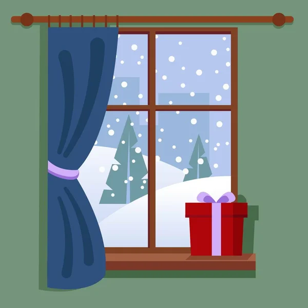 Winterfenster Mit Aussicht Weihnachtsgeschenk Auf Der Fensterbank Nette Gemütliche Vektorillustration — Stockvektor