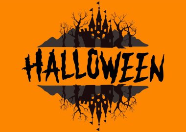 Cadılar Bayramı kartpostalı. Mektup - Cadılar Bayramı. Kale, ağaçlar, dağlar.