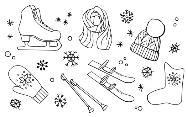 Winter Linear Skate Skis Scarf Hat Felt Boot Mitten Snowflakes — Stock Vector