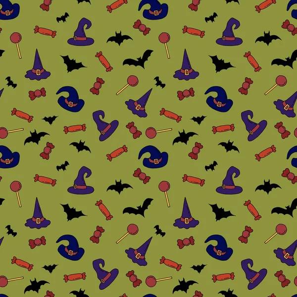 Seamless pattern for the holiday of Halloween. Bats, witch hat, candy. Design for fabric, packaging, wallpaper.