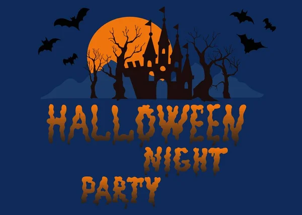 Postcard  to the holiday of Halloween. Lettering - Halloween night party. Castle, trees, bats.
