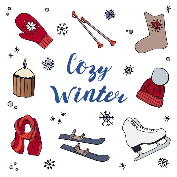 Winterbilder Für Eine Postkarte Beschriftung Bleiben Sie Gemütlich Weißer Hintergrund — Stockvektor