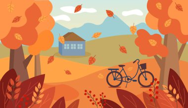Bisikletli sonbahar manzarası. Çizim düz biçimli.
