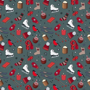 Kış kusursuz desen. Patenler, kızaklar, kayaklar, şapka, atkı, eldivenler, çoraplar, keçeli botlar, mum, kakao, viburnum, ispinoz ve kar taneleri. Paketleme, ambalaj kağıdı, kumaş ve tekstil için tasarım.