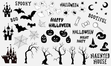 Büyük Cadılar Bayramı seti. Siyah beyaz resimler ve yazılar. Beyaz arkaplan, izolatör.