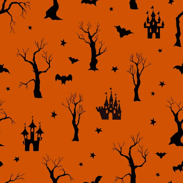 Patrón Sin Costuras Halloween Castillos Árboles Murciélagos Estrellas Siluetas Negras — Archivo Imágenes Vectoriales