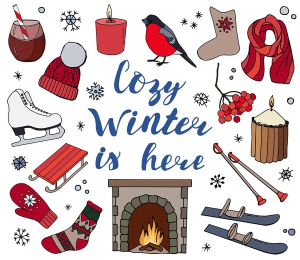 Winterbilder Für Eine Postkarte Beschriftung Der Gemütliche Winter Ist Weißer — Stockvektor