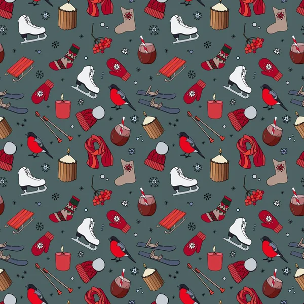 Зимовий Безшовний Малюнок Ковзани Сланці Лижі Капелюх Шарф Рукавички Шкарпетки — стоковий вектор