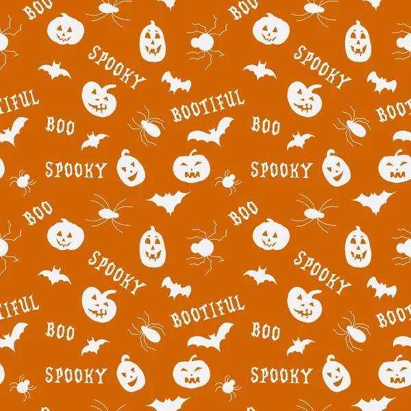 Halloween. Seamless pattern with lettering, pumpkins, bats and spiders. — Stock Illustration Halloween Seamless Pattern Lettering Pumpkins Bats Spiders Stock Vector