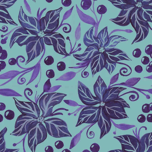 Блакитні Квіти Ягоди Ілюстрації Намальовані Гуаші Дизайн Тканини Текстилю Упаковки — стокове фото