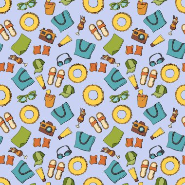 Kusursuz yaz şablonu. Dinlenin, plaj aksesuarları. Tasarımınız için sonsuz dokular.