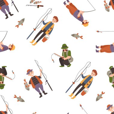 Kusursuz Balık Tutan İnsanlar Şablonu. Kumaş, tekstil, duvar kağıdı, ambalaj için tasarım