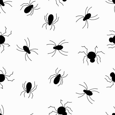 Beyaz üzerinde kusursuz siyah örümcekler deseni. Kumaş, tekstil, duvar kağıdı, ambalaj için tasarım