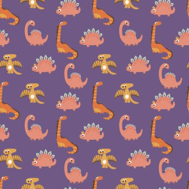 Renkli Karikatür Dinozorları Deseni. Kumaş, tekstil, duvar kağıdı, ambalaj tasarımları