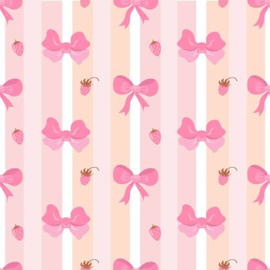 Coquette modeli. Çizgili Arkaplanda Çilek ve Fiyonk Deseni. 