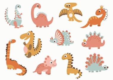 Beyaz arkaplanda dinazor desenli şirin bir set.