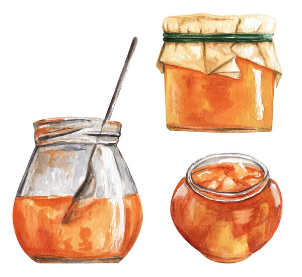 Hand-drawn glass jars with jam isolated on white background. Watercolor illustration of tasty orange jam. Autumn clip art