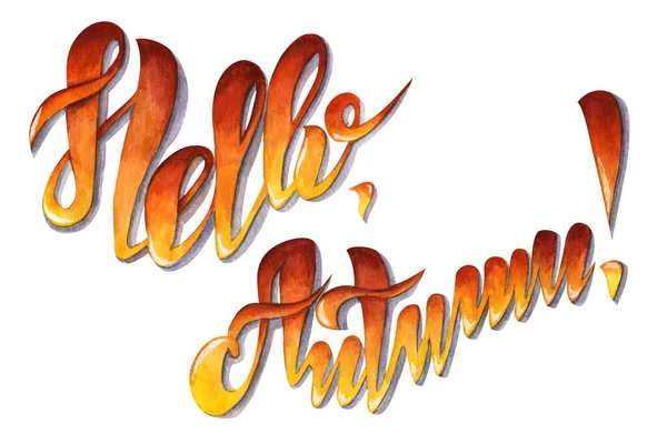 Suluboya Hello Autumn yazıları. Beyaz arka planda izole edilmiş grafiti tarzında elle çizilmiş tipografi. Sonbahar sezonu için el yazısı vektör yazması