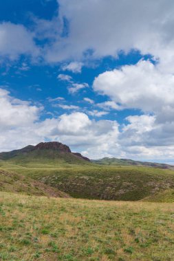 Kırmızımsı tepeler, bulutlu bir günde ilk bahar çimen ile kaplı. Çevresi Arkharly Pass, Kazakistan
