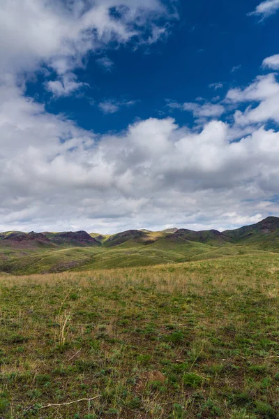 Kırmızımsı tepeler, bulutlu bir günde ilk bahar çimen ile kaplı. Çevresi Arkharly Pass, Kazakistan
