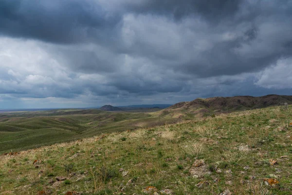 Kırmızımsı tepeler, bulutlu bir günde ilk bahar çimen ile kaplı. Çevresi Arkharly Pass, Kazakistan