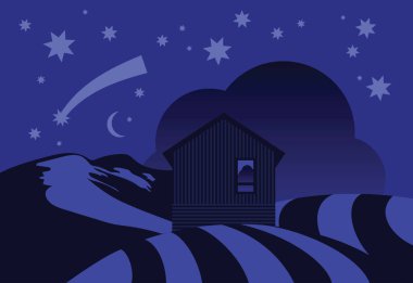 Yıldız ve bulutlu bir gece üzerinde tepelik alanlar ve dağlar ile çevrili evin vektör Illustration