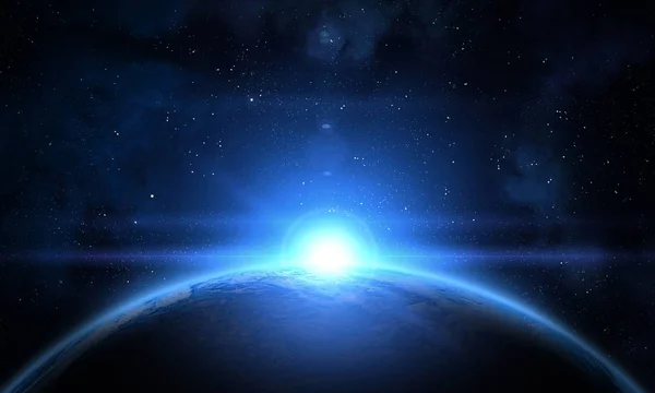 Земля Туманность Солнце Восход Солнца Вид Земли Космоса Голубом Тонусе — стоковое фото