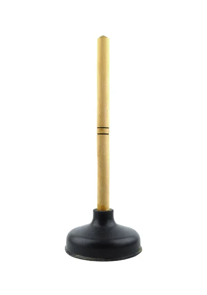 木の棒と白い背景の分離された黒いゴム製配管シンク プランジャー — ストック写真