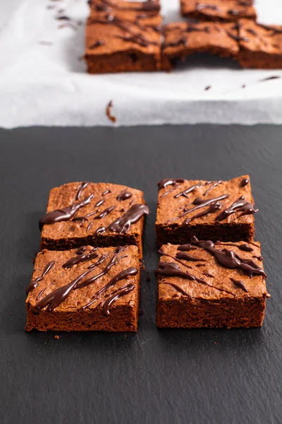 Food Concept Homemade Organic Brownies Black Slate Stone Copy Space — Stock Photo, Image