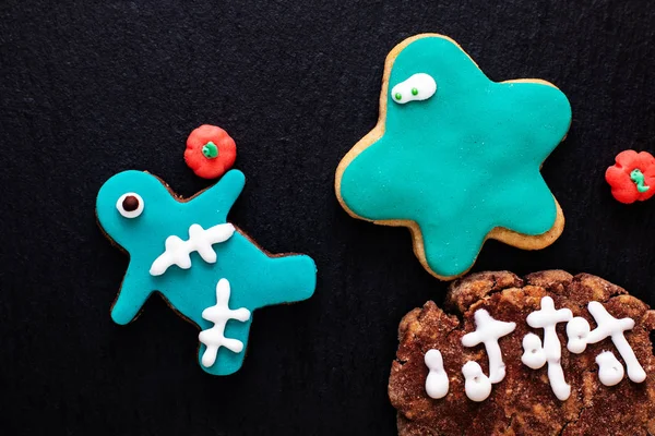 Food concept homemade fancy monster sugar cookies for party or halloween holiday