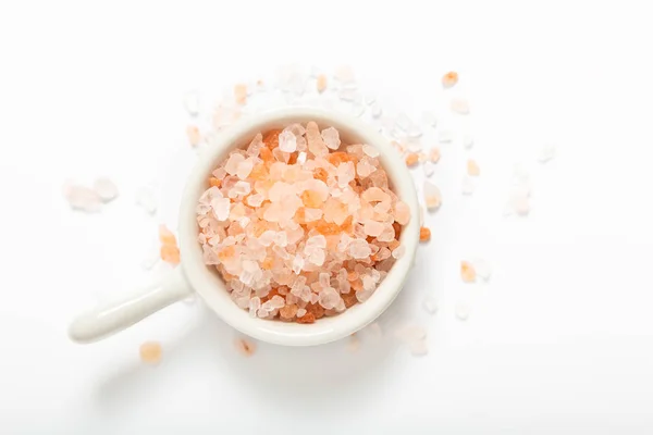 Gezonde Voeding Concept Roze Himalayazout Witte Keramische Cup Witte Achtergrond — Stockfoto