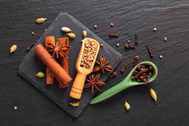 Egzotik bitkisel gıda kavramı karışımı organik baharat tarçın sopa, kakule bakla, Yıldız anason ve kişniş kopya ile siyah arduvaz taş plaka üzerinde
