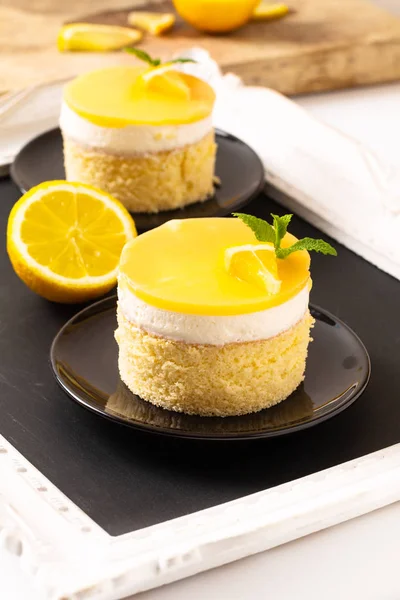 Food Concept Homemade Lemon Curd Sponge Cake Fresh Whipped Cream — Stock Photo, Image